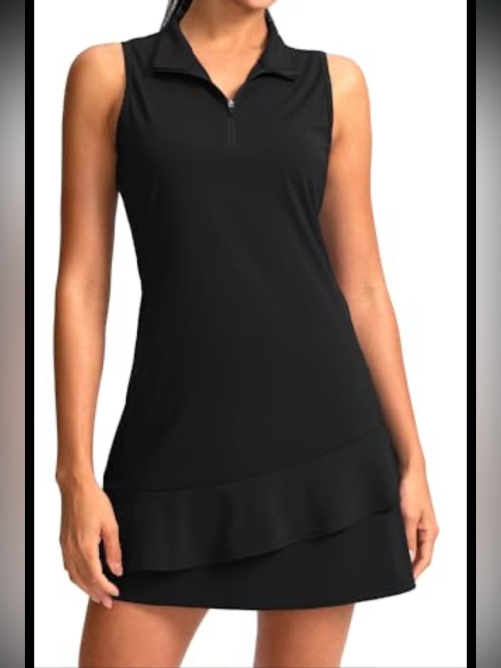 Sleeveless Black Zip-Front Polo Tank Dress, bottom ruffle, size Large
